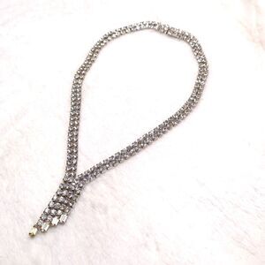 Vintage 80's Double Strand Clear Rhinestone Necklace w 4 Row Rhinestone Drop